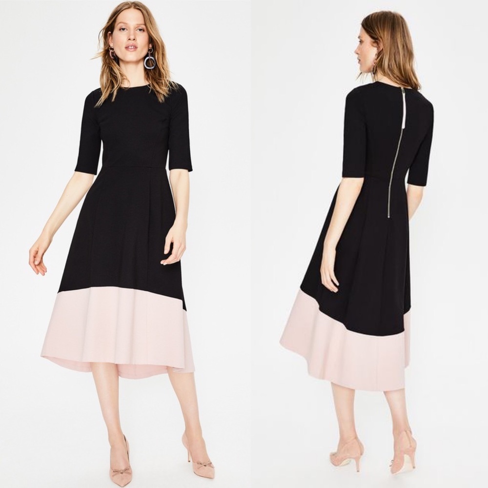 Boden Wren Ponte MIDI high low Dress - US 2 (UK 6) - Black With Pink Trim